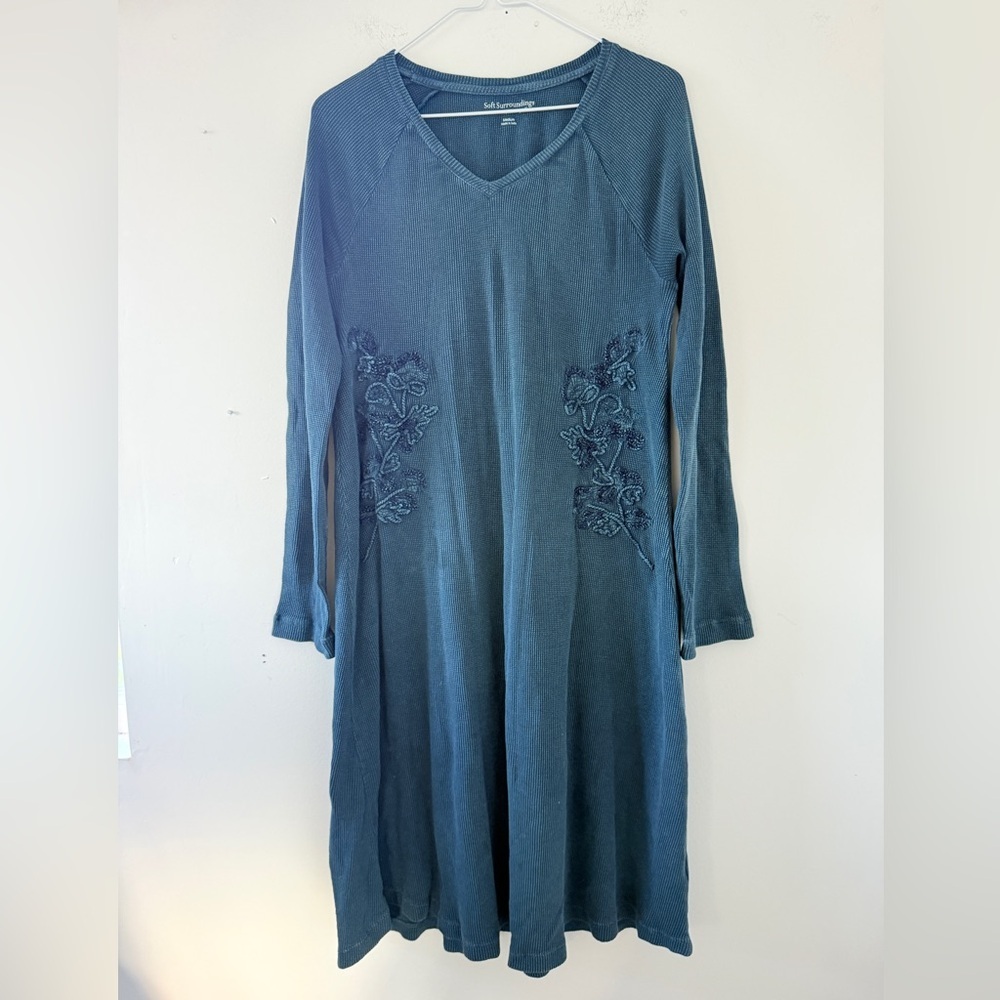 Soft Surroundings Blue Waffle Knit Dress Embroidered Boho Cottagecore Midi M